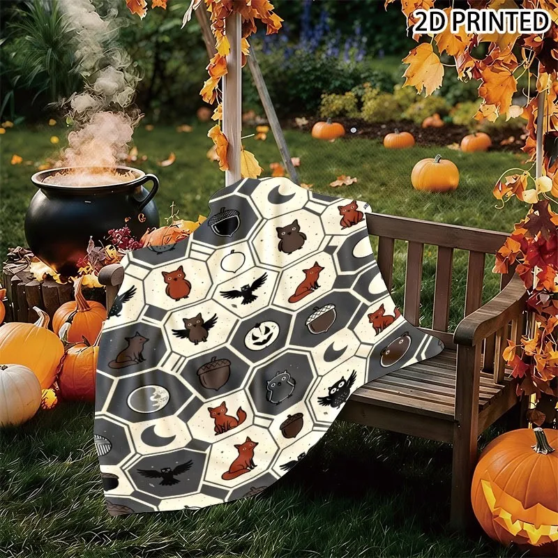 Retro Whimsical Nature & Halloween Print Throw Blanket with Hexagonal Grid Pattern of Owls, Foxes, Moons and Bears, Multiple Spe
