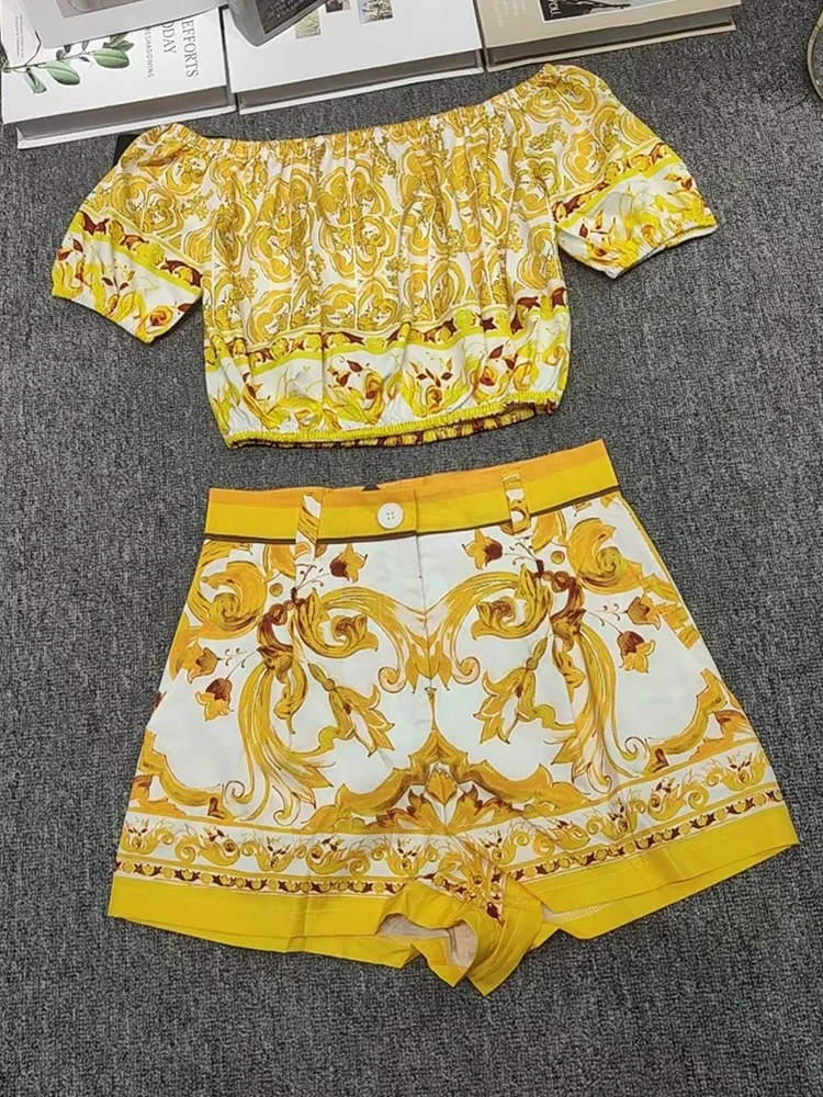 Retro verão feminino nova moda impressão terno de duas peças sexy palavra colarinho manga curta tubo superior + cintura alta shorts casuais.