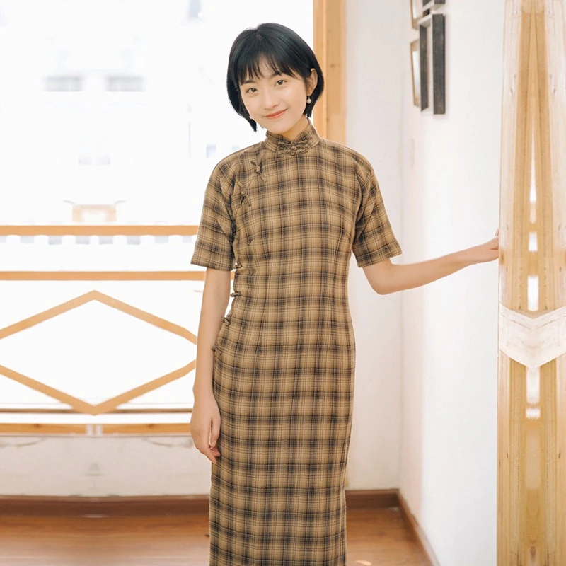 

Woolen Gingham Patterned Mid-Length Svel Vintage Sle Daily Wear Low Slit ort Sve Ladies Dr