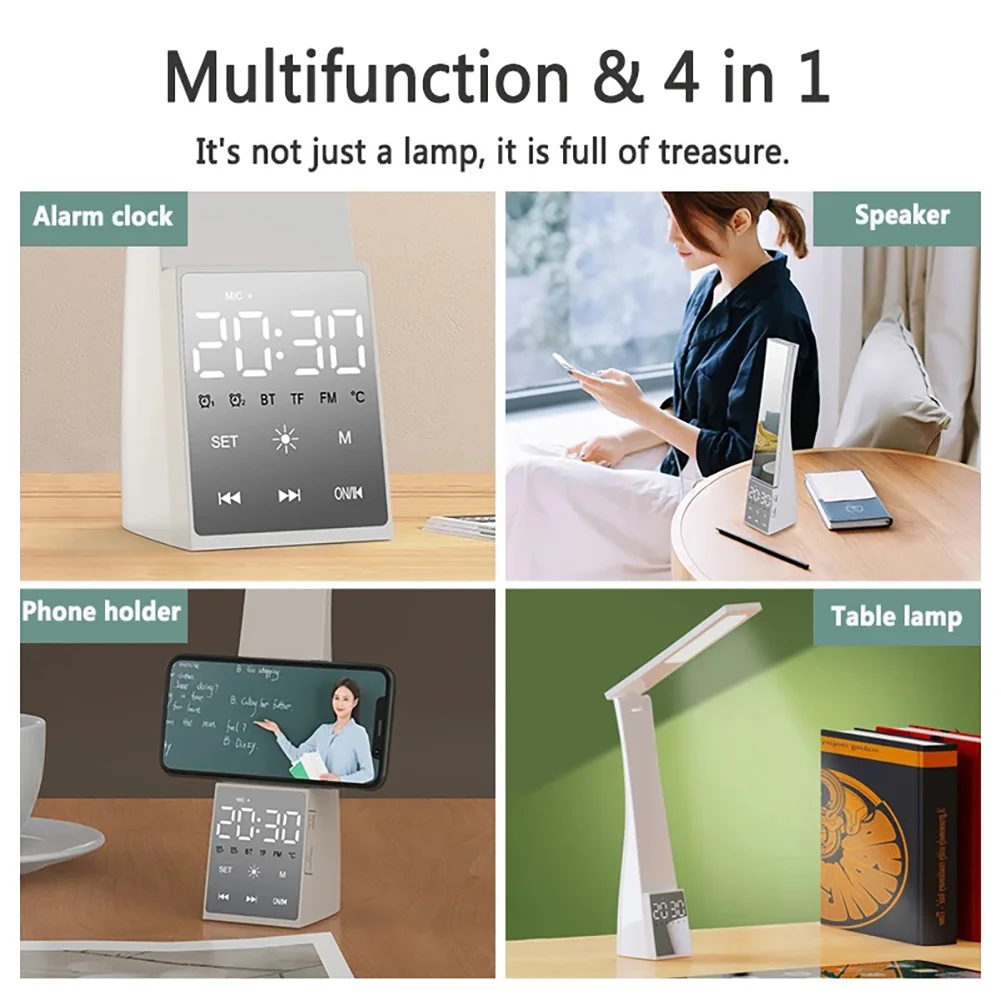 Rechargeable Led Desk Lamp With Bluetooth Speaker Temperature Alarm Clock Dimmable Table Lamp Child Eye Protection Reading Light