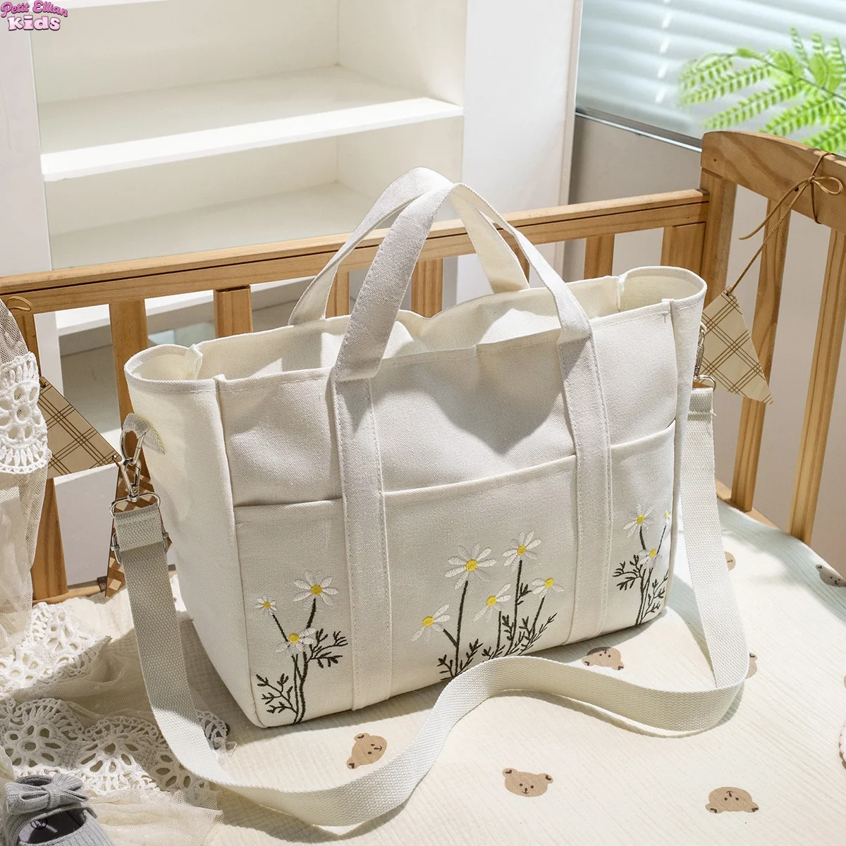 

Large Capacity Tote Children's Bags Casual Outdoor Baby Gear Organizer Toddler Canvas Diaper Bag Daisy Embroidery