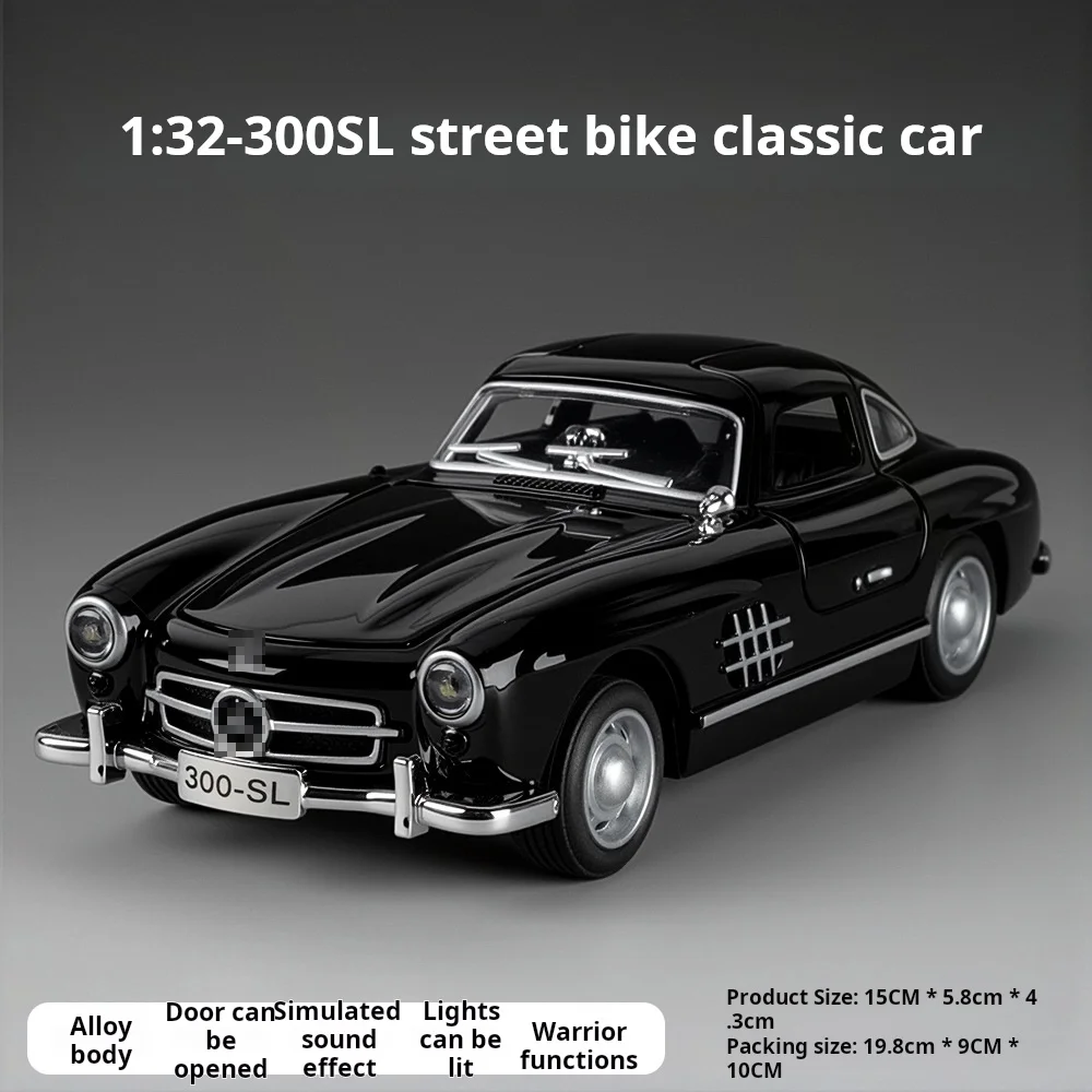 1:32 Scale 300SL Miniature Vintage Car Model Toys Alloy Diecast Sound Light Doors Opened Pull Back Ornament Model for Kids Gifts