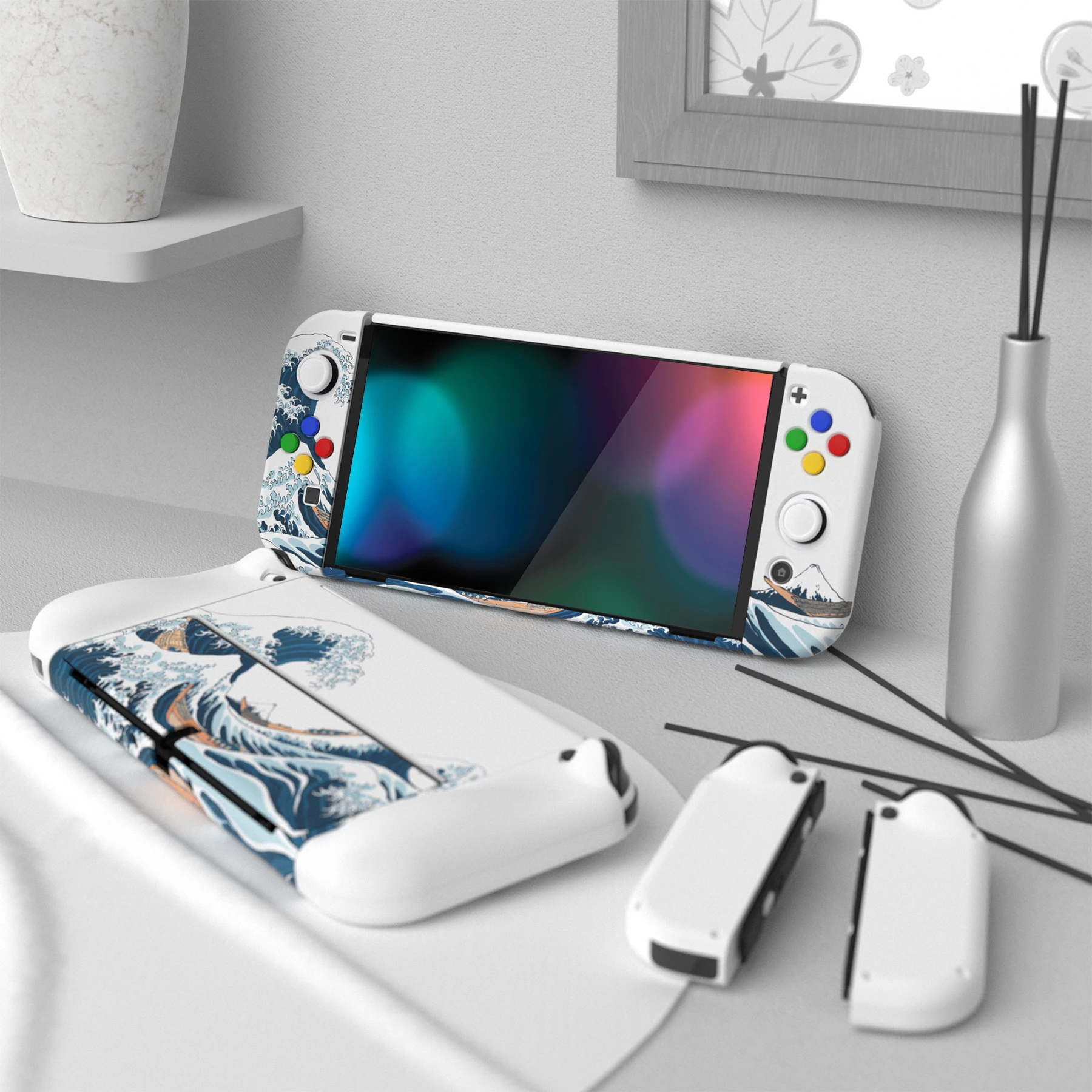 PlayVital AlterGrips Split Design Ergonomic Protective Case for Switch OLED Shell W/Thumb Grips - The Great Wave off Kanagawa