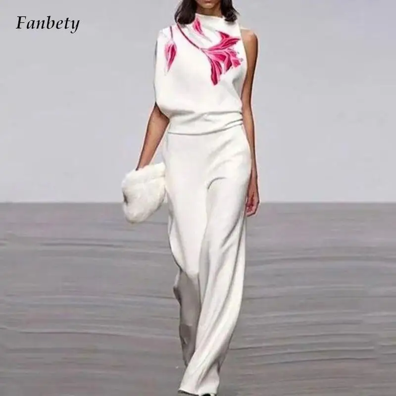 

Elegant Half High Neck Long Ropmers Office Casual Wide Legger Pants Loose Party Jumpsuits Women Fashion Flower Printed Playsuits