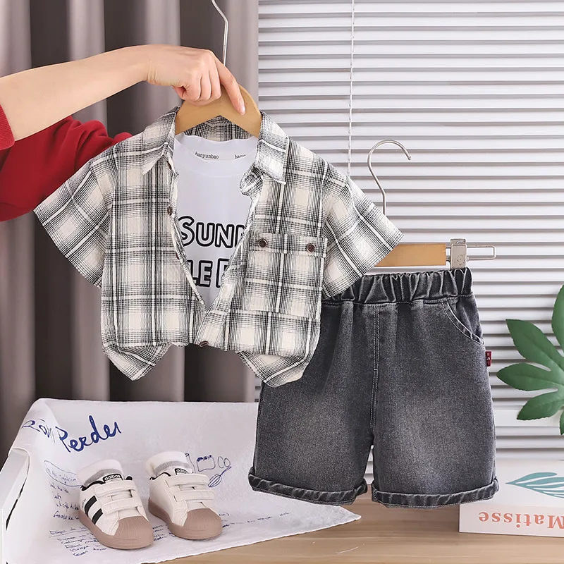 2026 New Boys Summer Outfit Kids Plaid Short Sleeve Shirt + T-shirt + Denim Shorts 3 Piece Set Children Fashion Toddler Clothes