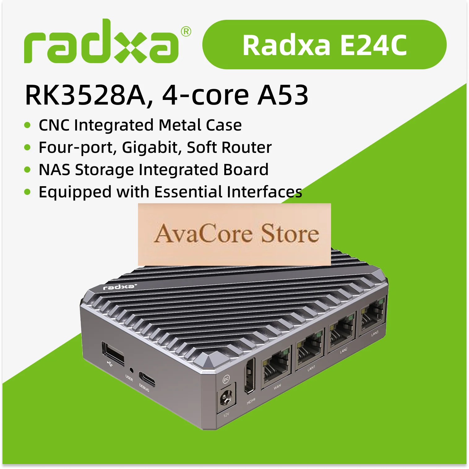 AvaCoreRadxa E24C Single Board Computer - Rockchip RK3528A Quad-Core A53 4x GbE USB-C Power LPDDR4/SD Support