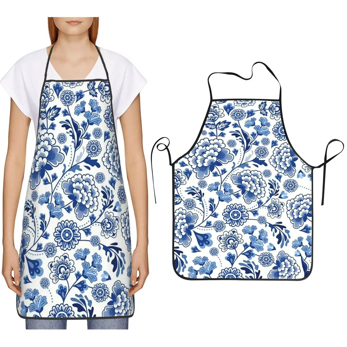 

Modern Delft Blue Tiles Vintage Floral Pattern Aprons Chef Cooking Baking Tablier Bib Kitchen Cleaning Pinafore for Women Men