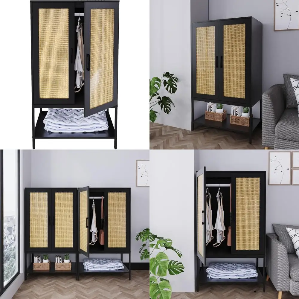 wardrobe closet,rattan bedroom armoires with 2 doors,wooden wardrobe cabinet with shelves and hanging rod for clothes,black