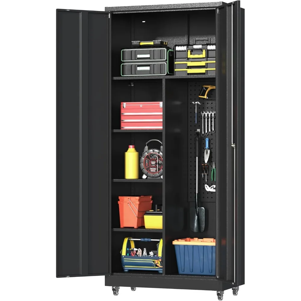 

Metal Garage Storage Cabinet with 2 Doors, Adjustable Rolling Tool Storage Cabinet with Lock, 71" Steel Locking Tool Cabinet wit