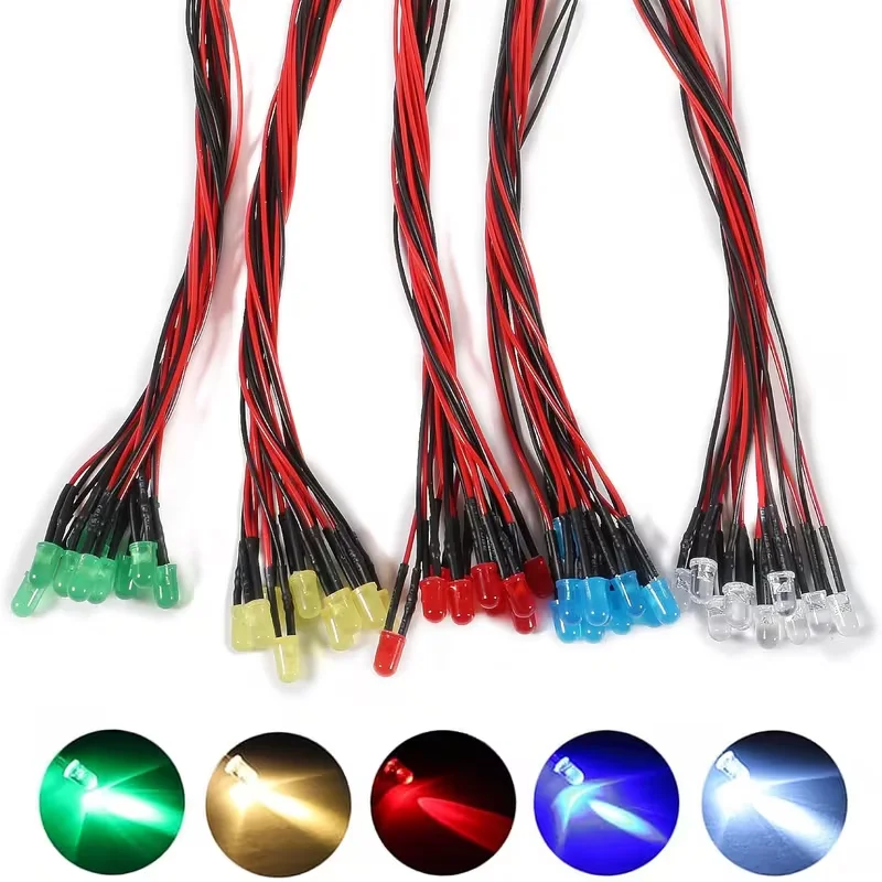 10/50pcs LED diodes 3mm with wire lamp beads 20cm pre-wired without soldering DC3V-24V solder-free suitable for DIY decorati