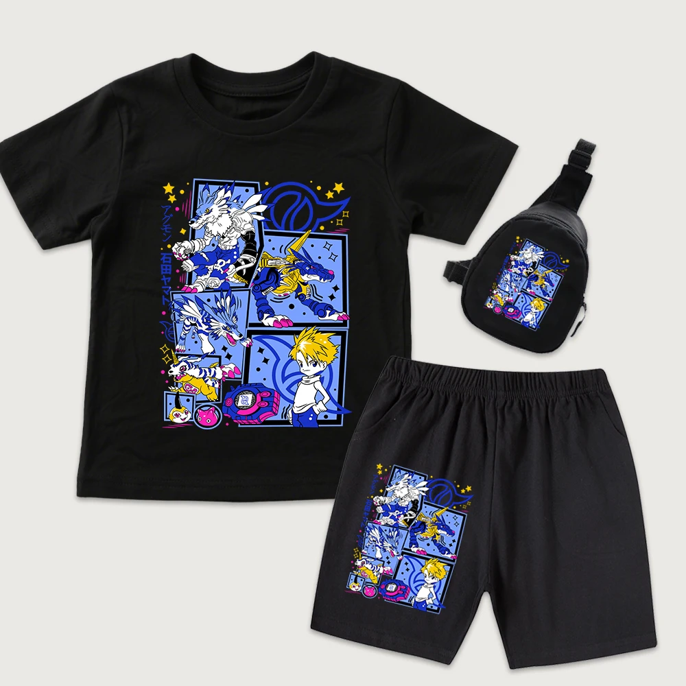 Digimon Ishida Yamato x Gabumon Anime Print Kids Boys Girls Cotton T Shirt Shorts Mini Chest Bag 3 Piece Set Summer Outfit