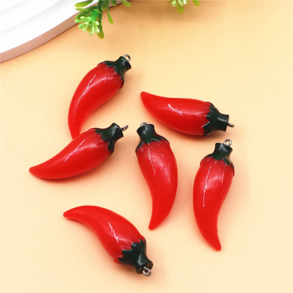 10pcs Kawaii 3D Simulation Red Pepper(with Hook) Resin Food Art Supply Decoration Charm Craft DIY,16*47mm