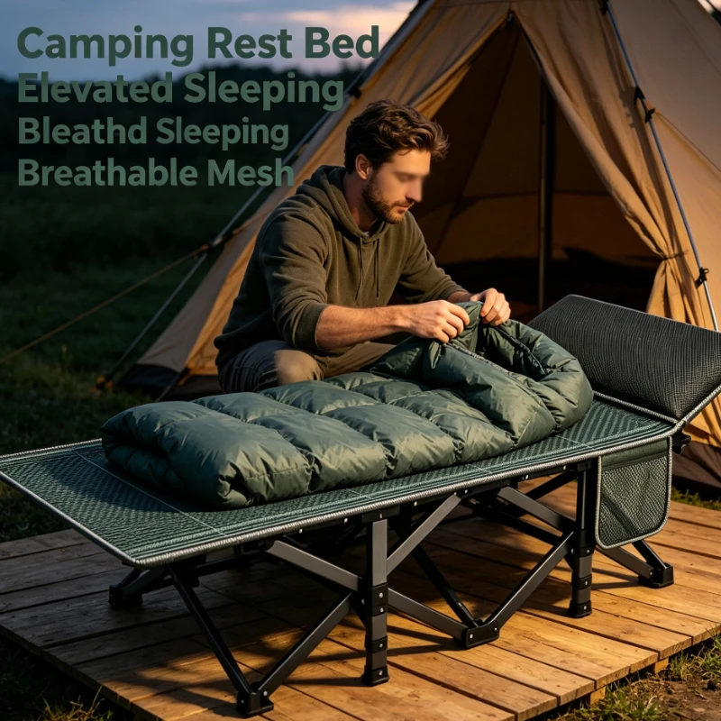 Folding Guest Bed With Breathable Mesh And Adjustable Headrest For Home Office Nap Temporary Sleeping Furniture Indoor Rest