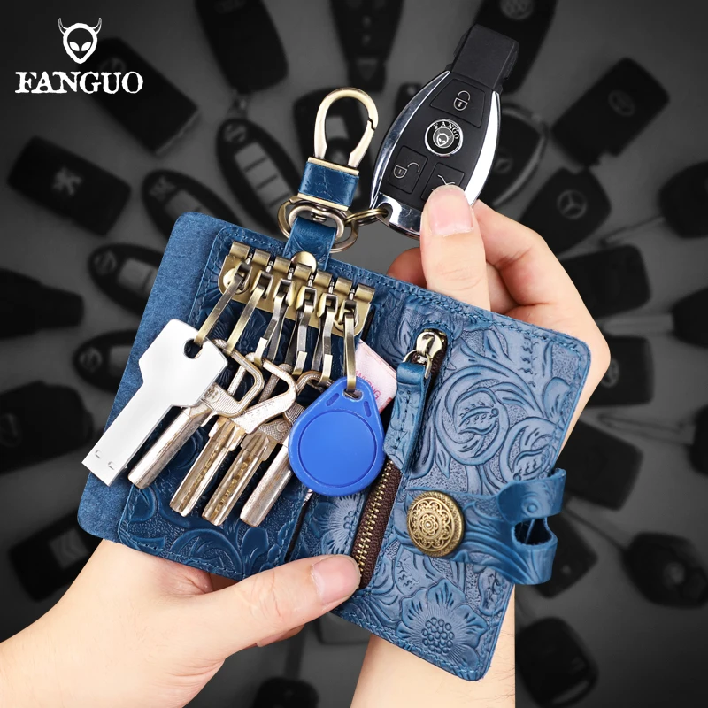 Bolso porta llaves de cuero genuino hecho a mano para hombre, bolsa con llavero, bolsas organizadoras para ama de llaves, monedero multifunción con ranura para tarjetas