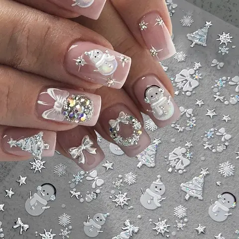 1Pcs 5D Silver Holographic Christmas Nail Stickers Snowman Christmas Tree Snowflake Bow Nail Decals DIY Xmas Winter Nail Decor﻿