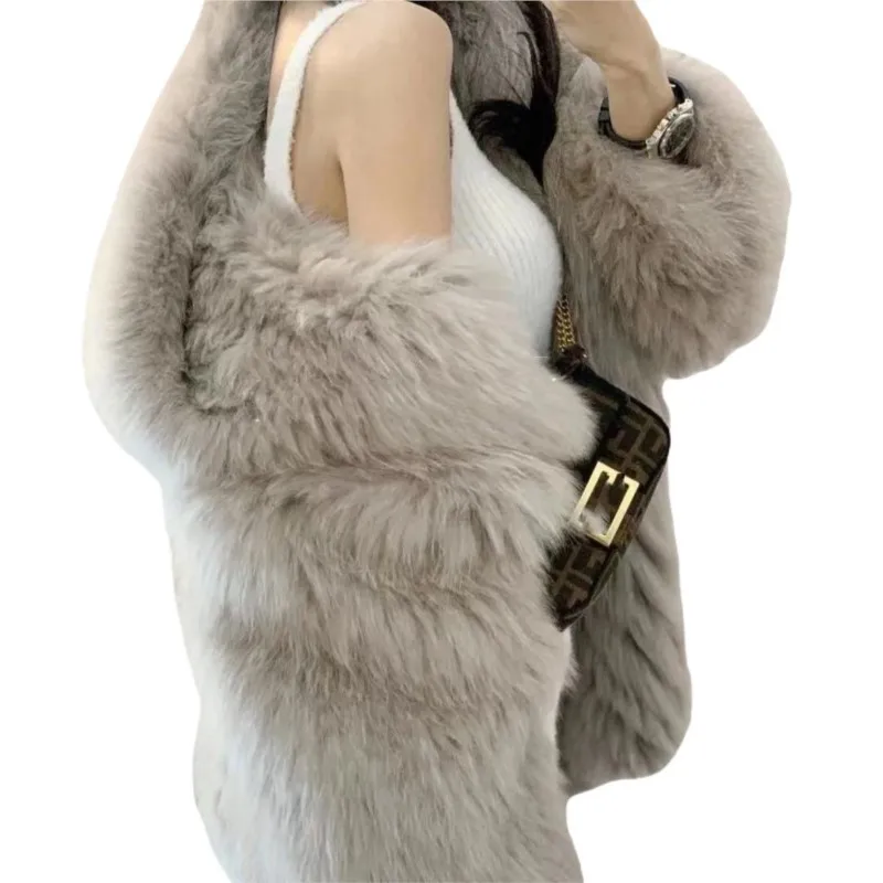 معطف جديد بغطاء للرأس طويل الشعر مع مزيج خفيف من الفرو والقطيفة