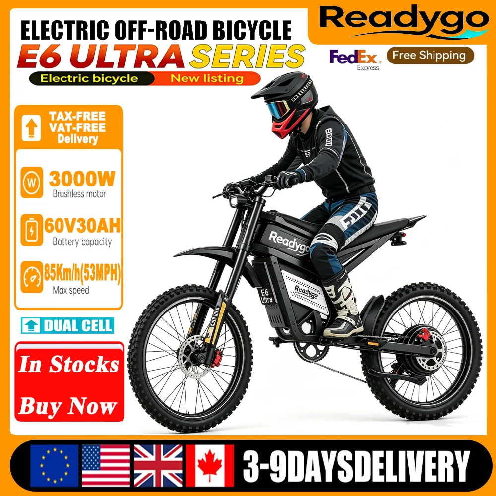 Электрический мотоцикл Adult Readygo E6 Ultra, 6000 Вт (пиковая мощность), литиевая батарея 60В30Ач, запас хода 100 км, скорость 80 км/ч, внедорожный горный электровелосипед