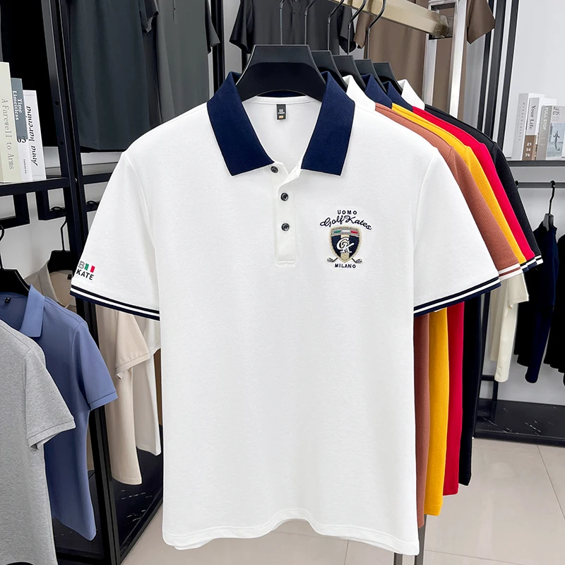 High Quality Summer Men's Short-Sleeved Polo Shirt Lapel Button Exquisite Stamp Snug Casual Fashion British Style Men's Clothing