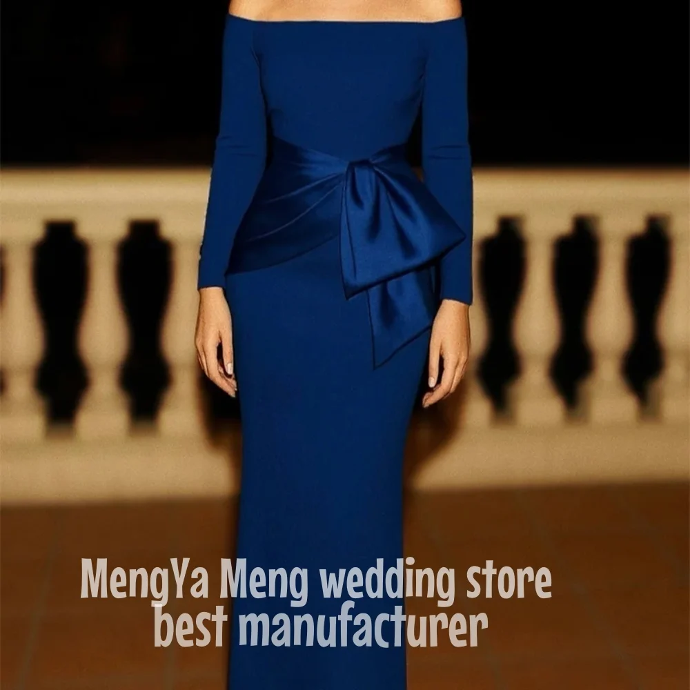 Customized Modern Blue Jersey Evening Dress Temperament Boat Neck Off the Shoulder Long Sleeves Party Dress Soft Celebrity Gowns
