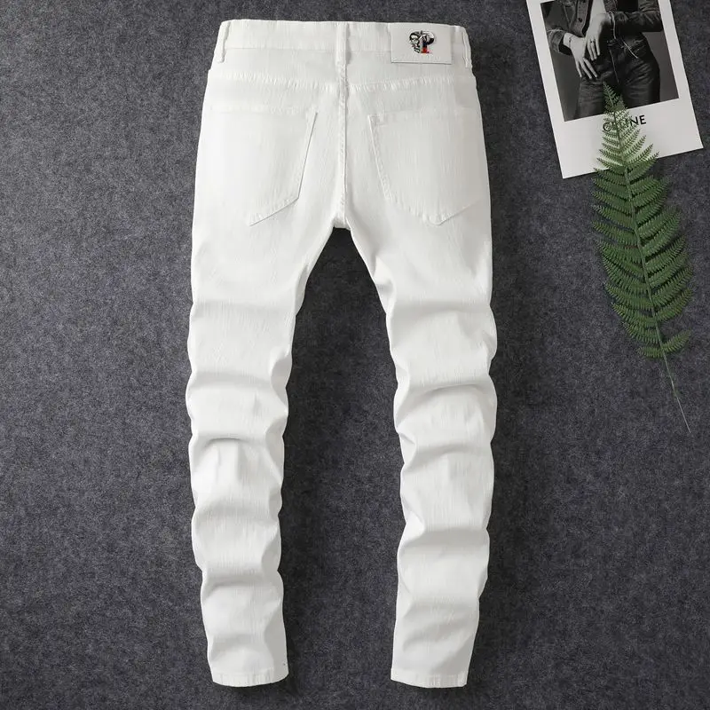 White ripped jeans men's 2024 hot spring and summer slim fit jeans men's straight leg pants men's stretch denim ripped pants