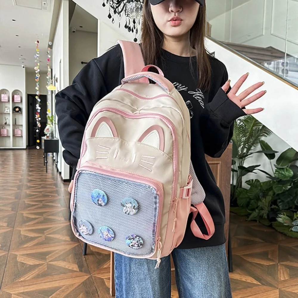 Embroidery Cartoon Ita Bag Preppy Style Large Capacity Transparent Pocket Itabag Cat Doll Badge Display Student School Bag