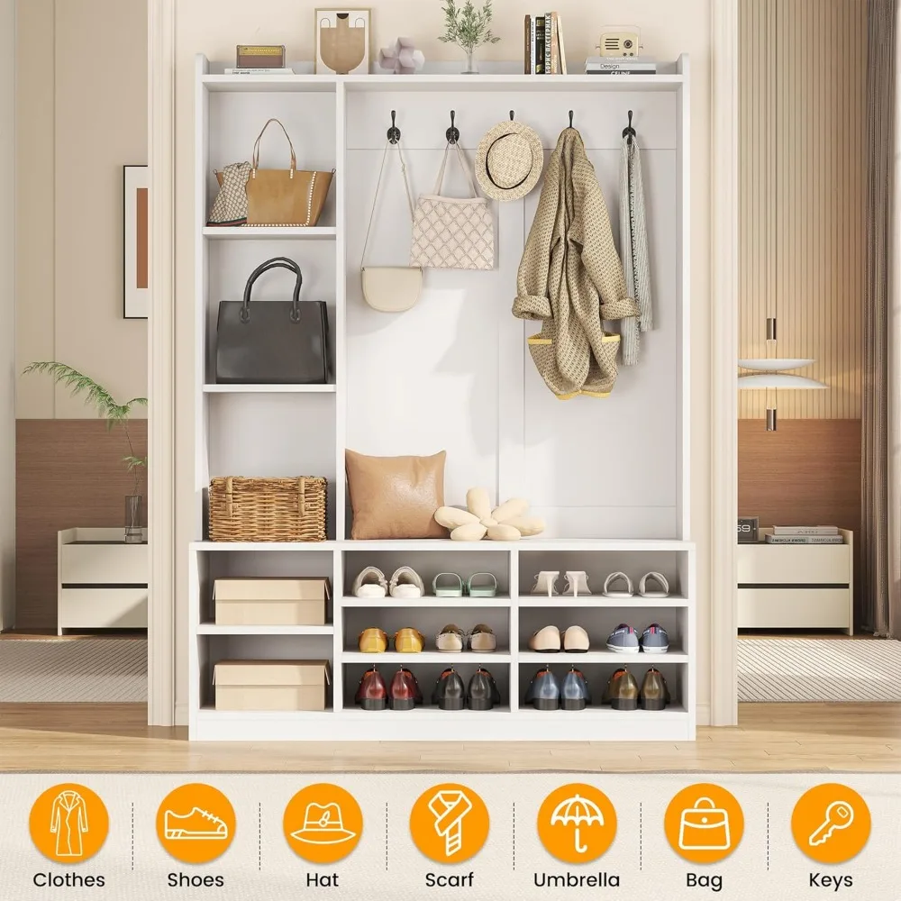 مقعد مدخل متعدد الوظائف 5 في 1 مع مساحة تخزين الأحذية ورف المعاطف وخطافات تعليق للتنظيم الأنيق
