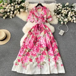 2024 Spring Summer Holiday Beach Dress Boho Women's Notched Collar Short Sleeve Single Breasted Flower Print Belt Long Vestidos