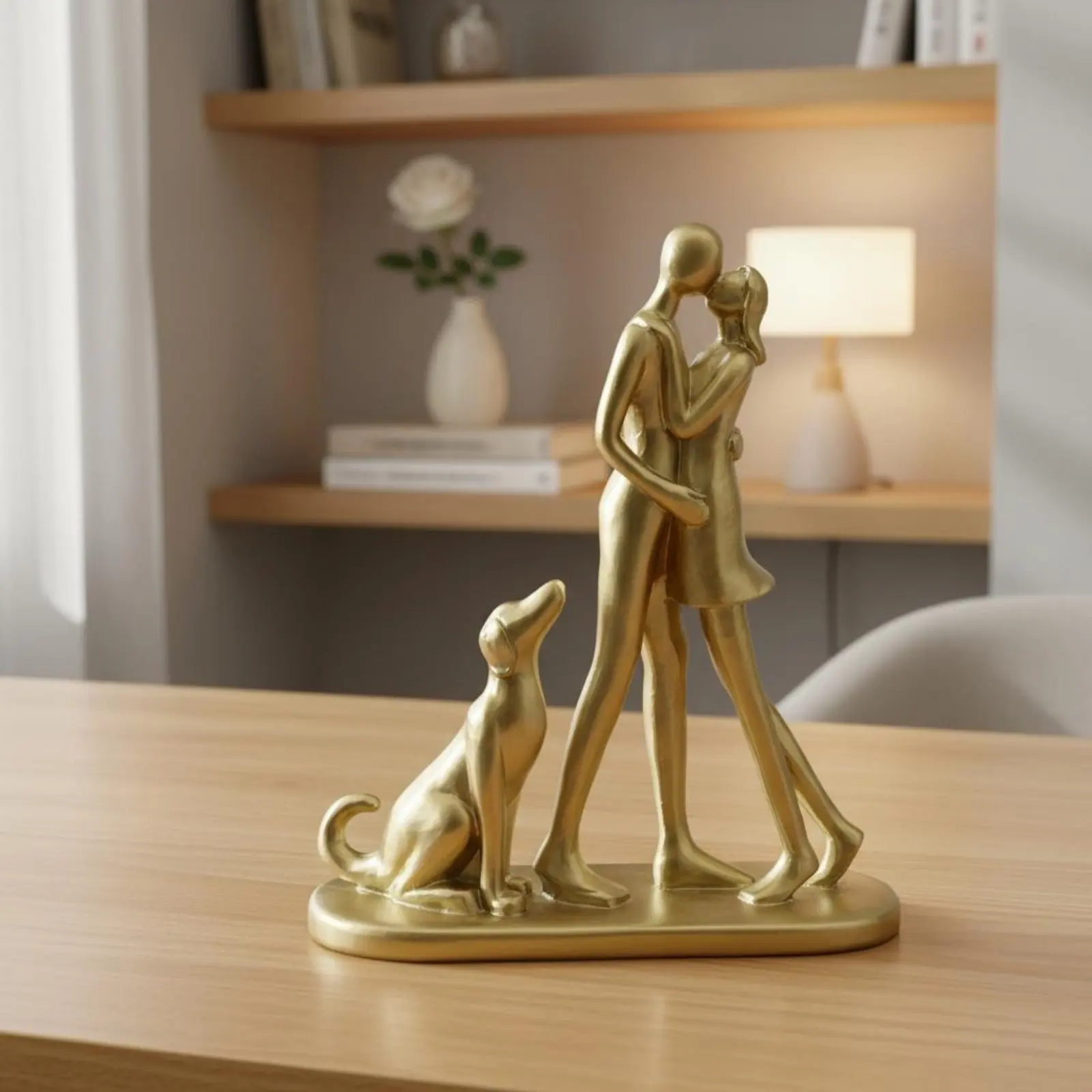 Couple and Dog Statue Modern Design Family with Dog Figurine Resin Art Sculpture Handmade House Decoration for Desktop, Office