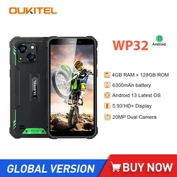 OUKITEL WP32 Rugged 4G Smartphones Octa Core 4GB+128GB 5.93Inch HD Android 13 Mobile phone 6300mAh Battery 20MP Dual Camera NFC