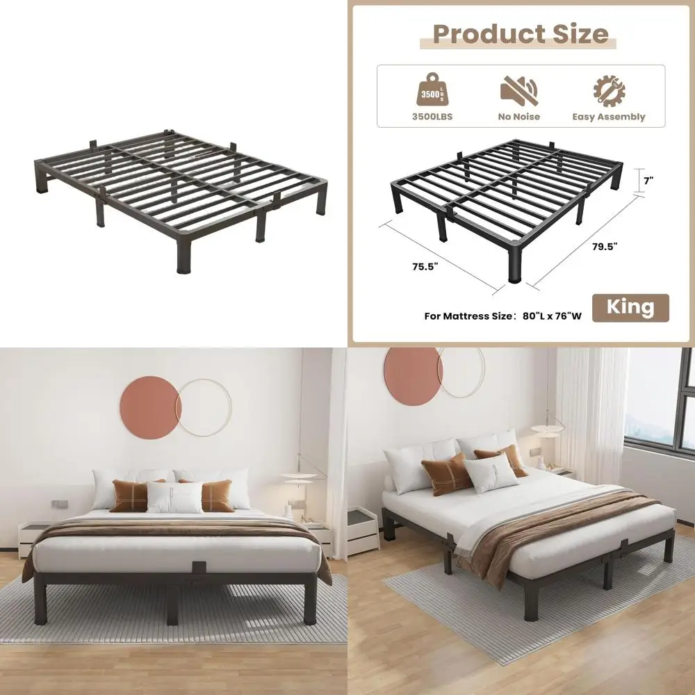 7 إطار سرير كينج معدني شديد التحمل بأرجل مستديرة، بدون زنبرك صندوق، مثبتات المراتب، سعة 3500 رطلاً، سهلة التجميع #1