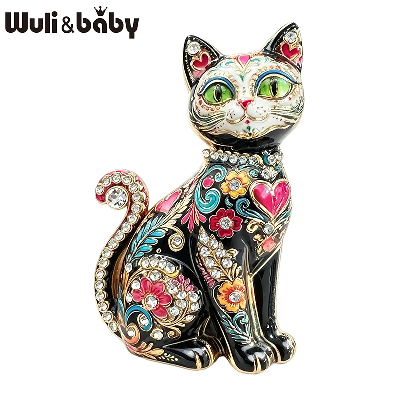 Wuli&baby Vintage Painted Cat Brooches For Women Unisex 2-color Enamel Rhinestone Elegant Animal Party Office Brooch Pin