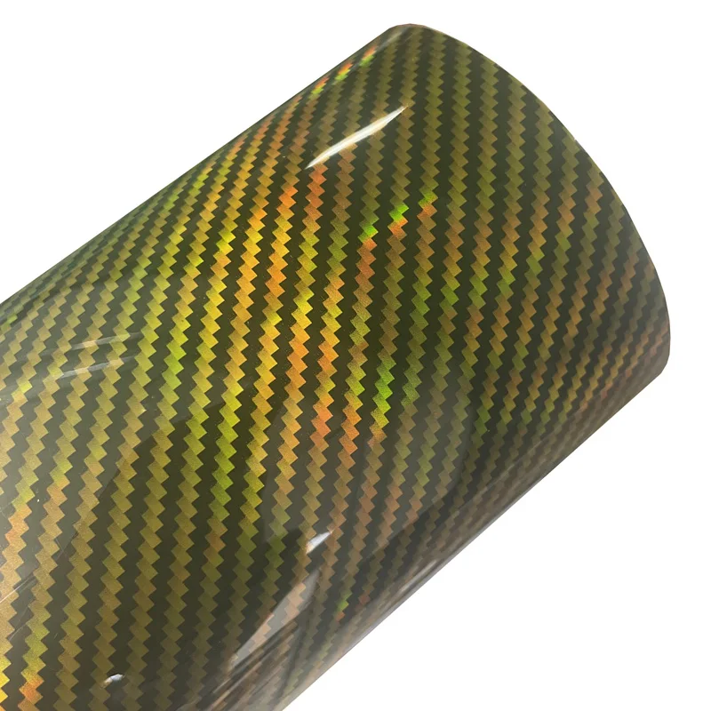 Premium Rainbow Gloss Holographic Gold Carbon Fiber Vinyl Wrap Film Selbstklebende Aufkleber Aufkleber Auto Wrapping Folie mit Air Release