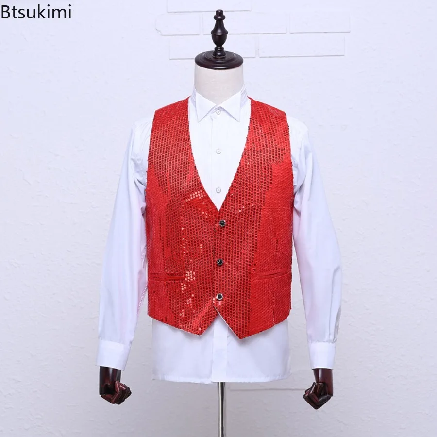 2026 Men's Sequins Pattern Glitter Embellished V-neck Single Breasted Sleeveless Vest Evening Party Host Vest Stage Singer Coats
