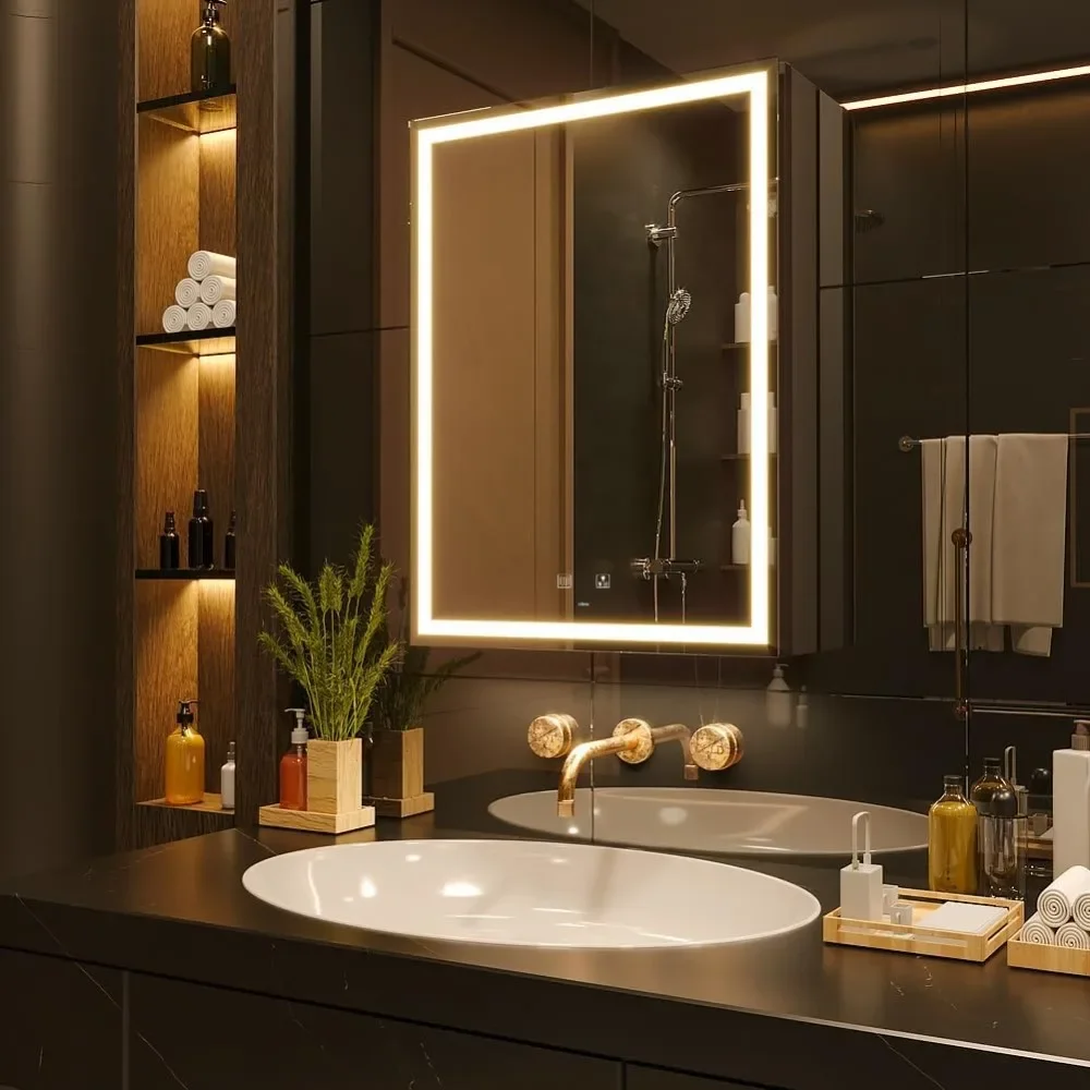 Bathroom Cabinet 20 x 28 Inch LED Lighted  Sockets & USBs, Defogger, Dimmable, 3 Color Light Makeup Mirror, Easy to Install