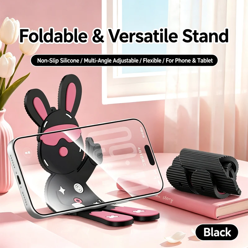 Cute Rabbit Phone Holder Flexible Foldable Stand Multi‑Angle Adjustable Desktop Bracket for Mobile Phone Tablet Watching Videos