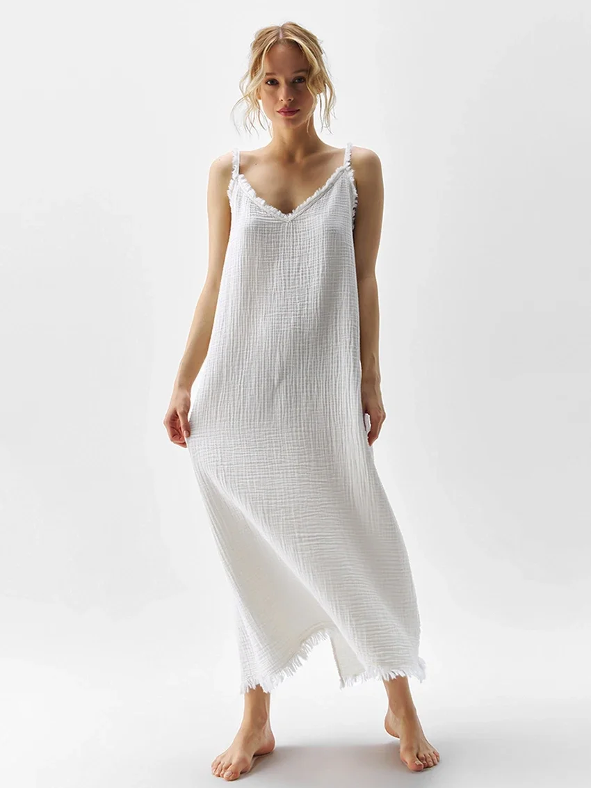 

Casual Female Nightgowns Spaghetti Strap Sleepwear Split Nightwear Backless Pajama Ankle-Length Dress Women Nightwear