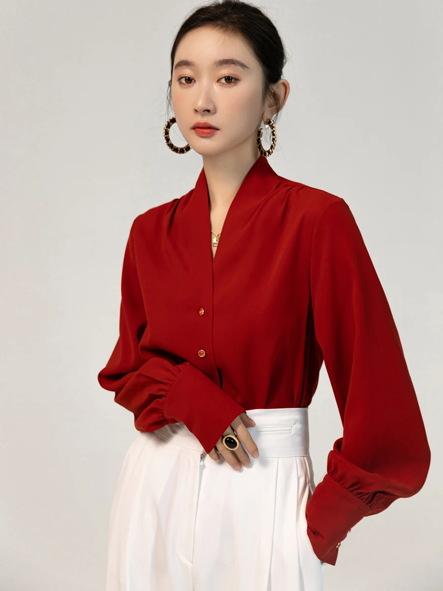 

Miss Snail Retro Red irt Женская летняя мода Гонконг Sle Новый китайский Sle V-ne Long Sve Полиэстер Busin irt