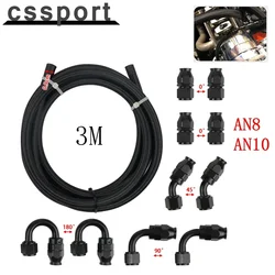 10Pc AN4 AN8 AN10 AN12 Universal PTFE 3M Nylon Braided Fuel Hose End 0+45+90+180 Degree Fuel Hose Fitting Adapter Kit Black