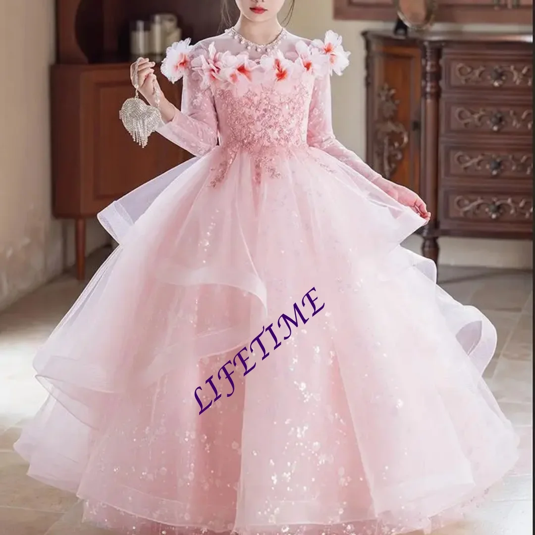 Elegant Pink Flower Girls Dress Customized Birthday Wedding Gown Children's Princess Party Performance Form Fitted for Girls