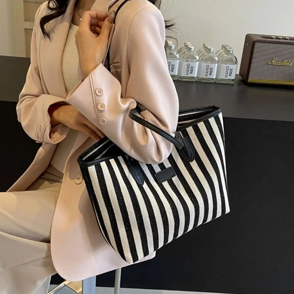 

Large Capacity Stripe Canvas Tote Bag Zipper Multi-function Shoulder Bag Crossbody Bag Korean Style Shopping Handbag All-match