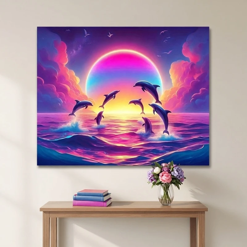 Diamond Painting Set, Colorful Dolphin Pattern, Round Diamond Full Diamond Art, Multiple Specifications to Choose From, Frameles