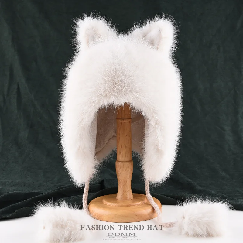 Neue einfache Katzenohren-Lai-Feng-Mütze für Männer und Frauen, koreanische Version, warme Winter-Ohrenschutzmütze, süße und niedliche Plüsch-Bombermütze. – Detail 3