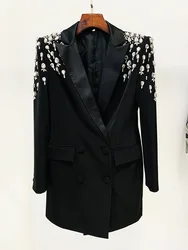 2024 Newest Beads and Handmade Diamonds Embellishment Women Blazer Jacket Woman's Coat Pink Milk Long Sleeve V Neck Female Coats