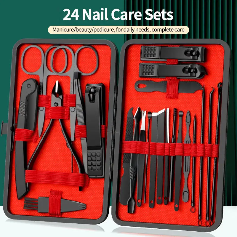 Kit tagliaunghie nero e rosso 24 pezzi, tagliaunghie Ultra affilate e robuste, tagliaunghie professionale strumenti per la cura del Pedicure