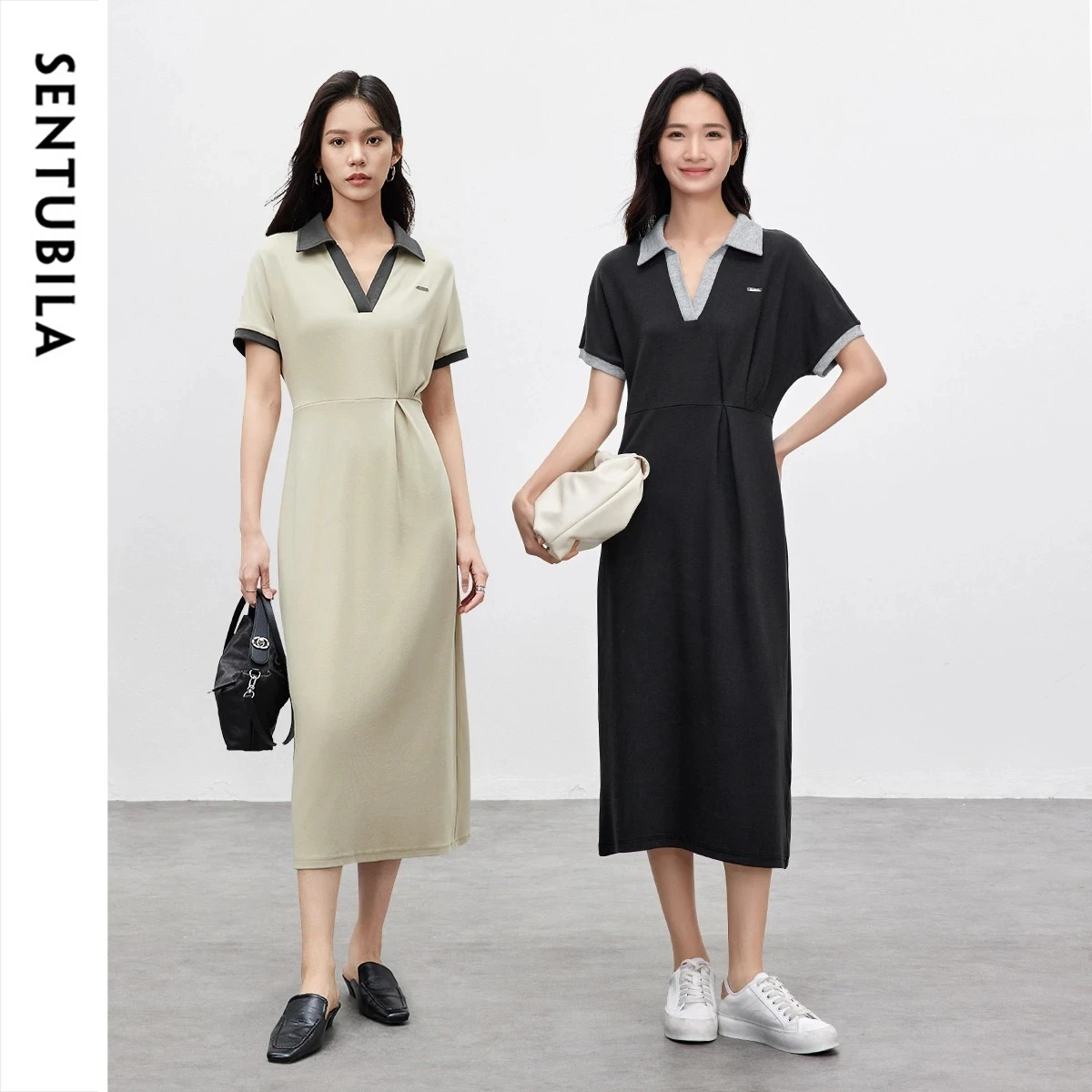 SENTUBILA Women's Simple T-shirt Dress 2026 Summer Color Block Splicing V Neck Pleated Waist Short Sleeve Dress 152L58975X