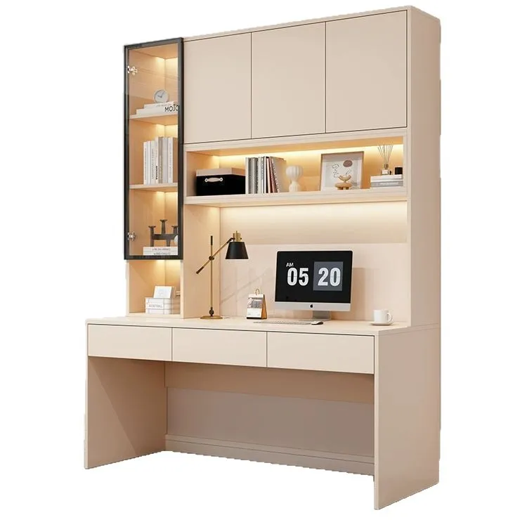 Double desk bookcase integrated whole wall solid wood computer desk bookshelf light luxury with glass door