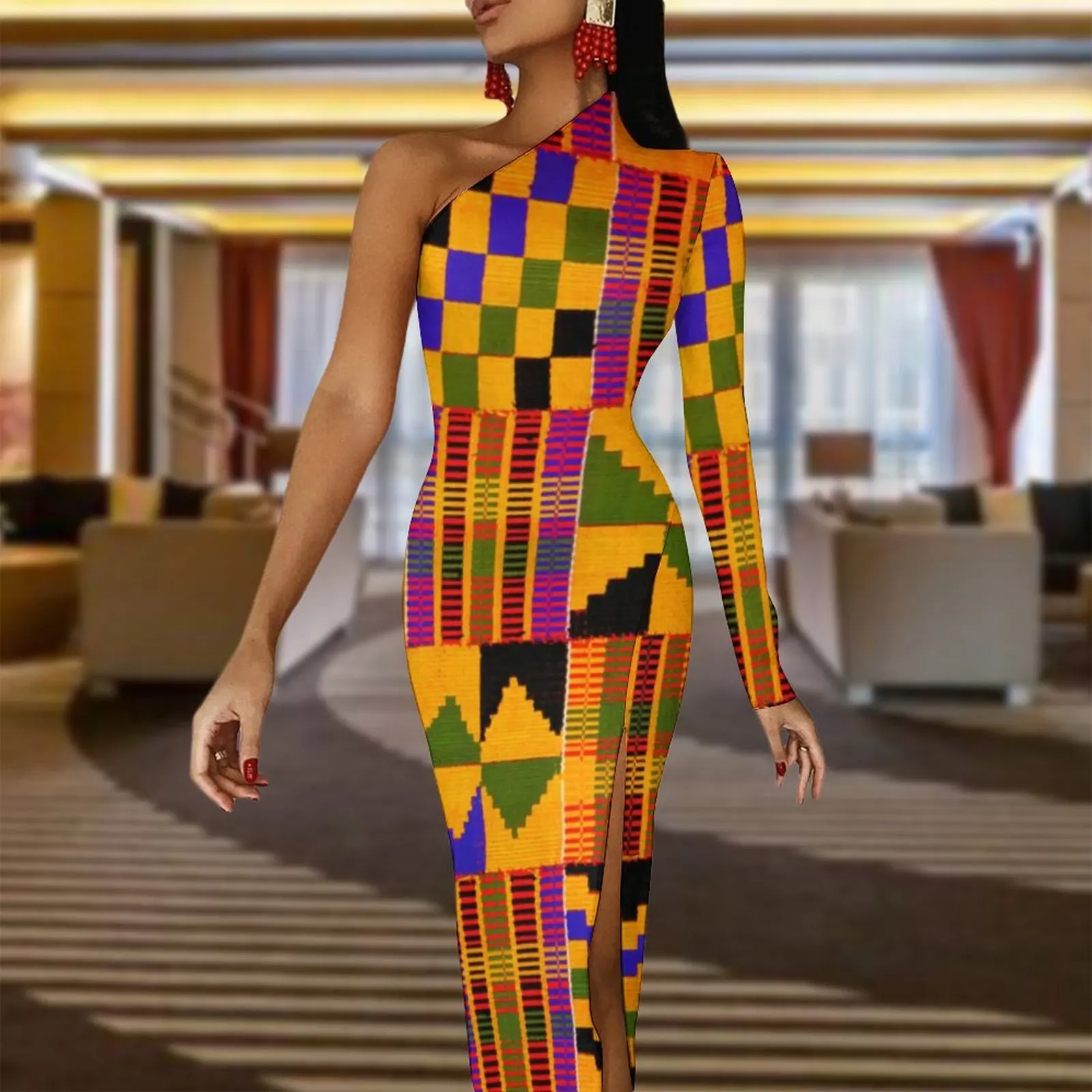 Kente Tribal African Maxi Dress Long Sleeve Retro Print Street Wear Bodycon Dresses Autumn Retro Dress Womens Pattern Vestidos