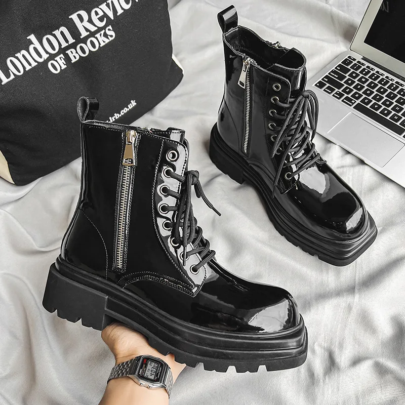 

England style mens fashion platform boots black stylish patent leather shoes stage nightclub high motorcycle botas mans footwear