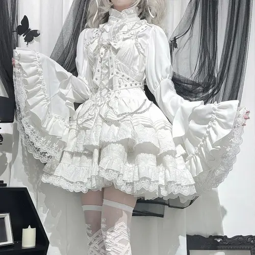 Camisa gótica Y2k Lolita blanca para mujer, blusas de manga larga acampanadas de encaje con volantes, Top Vintage victoriano Kawaii japonés negro
