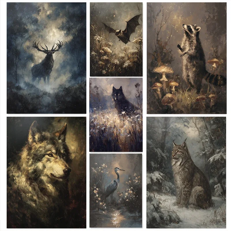 1pc frameless Canvas Painting Dark Academia Gothic Animal Arcane Night Bat Misty Magic Deer Still Life Poster Canvas Painting Pr